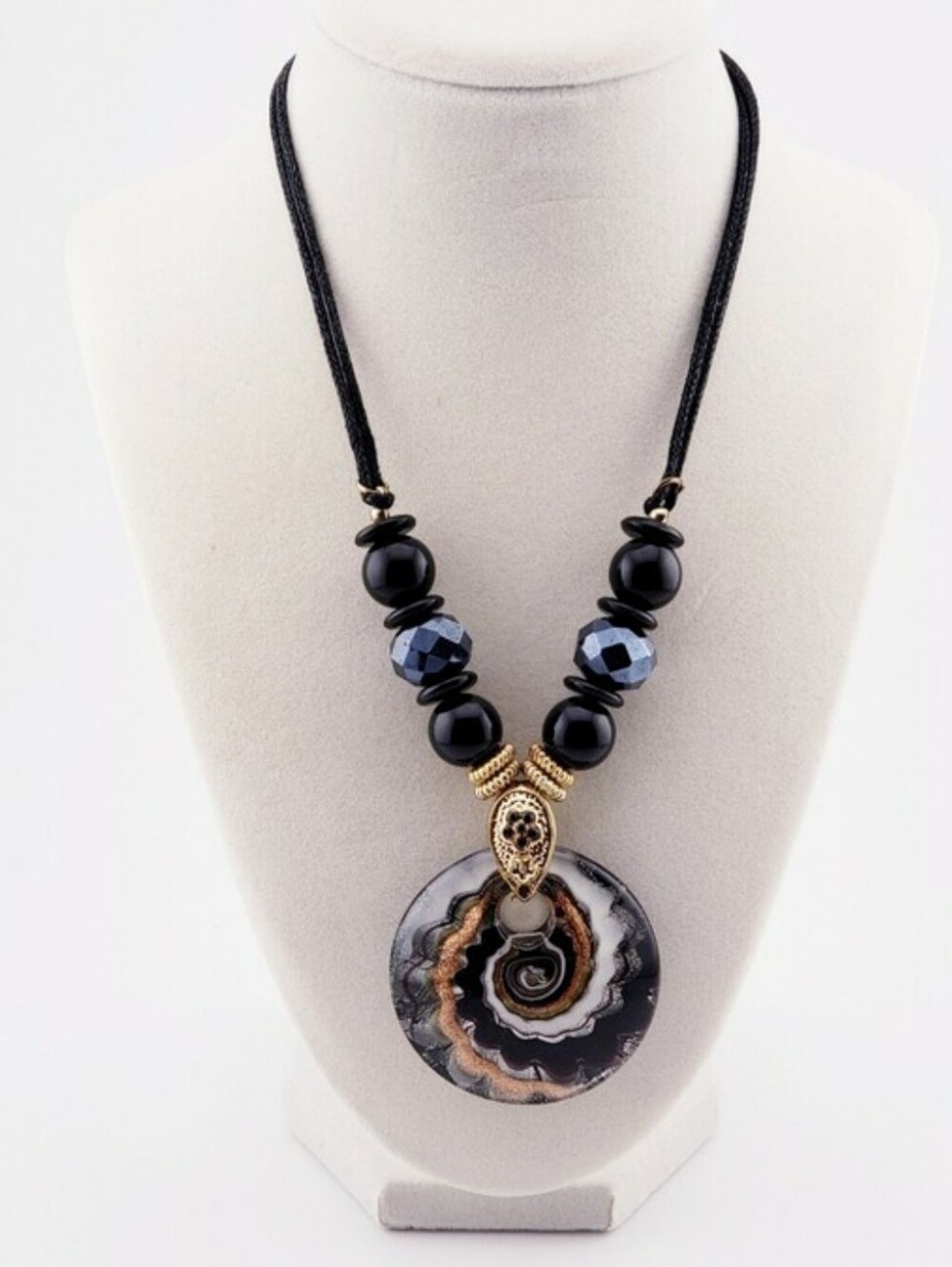 Beautiful Round Black White Gold Spiral Blown Glass Pendant Necklace